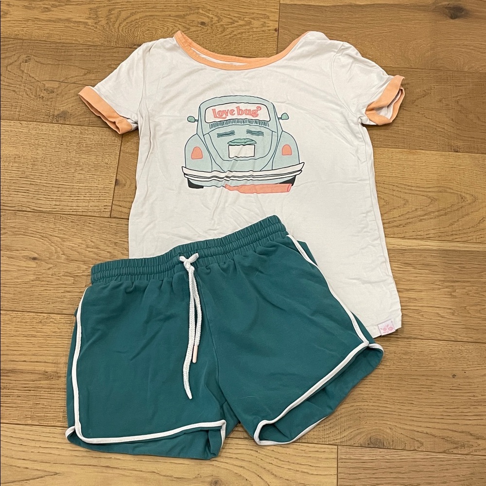SweetHoney - White and Teal Love Bug T-Shirt and Shorts Set
